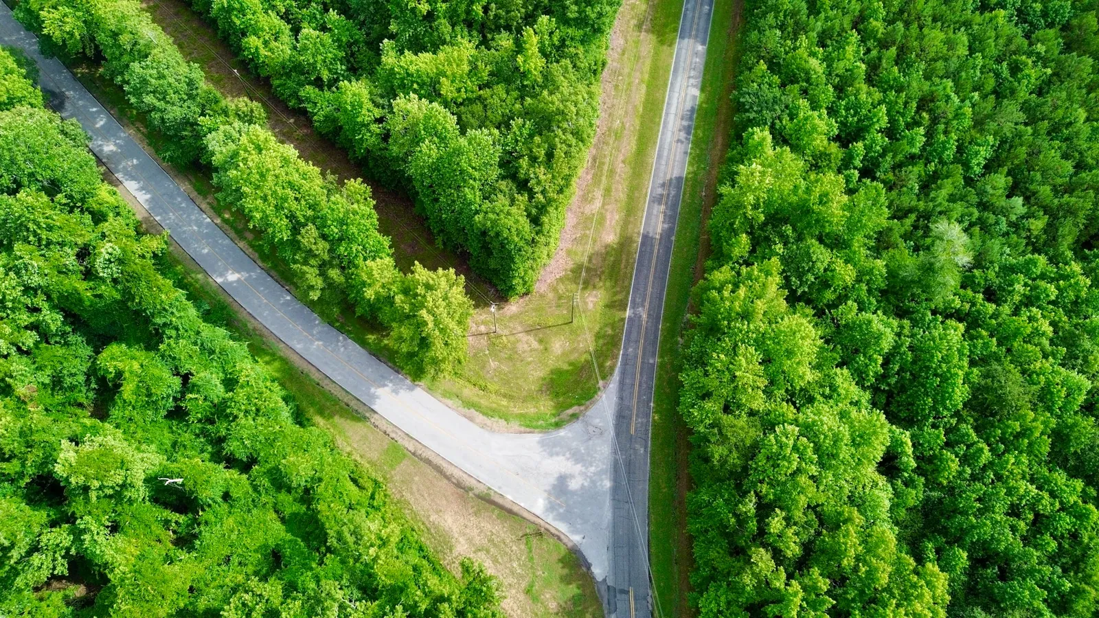 An aerial view of a fork in the road